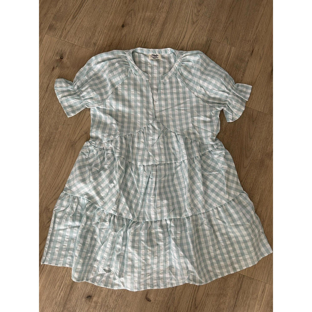 Made With Love Blue & White Check Gingham Short Sleeve Dress Medium NWOT